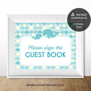 Guest book Sign, Whale Baby Shower Sign, Boy Turquoise, Whale Party INSTANT DOWNLOAD Printable PDF with Editable Text image 3