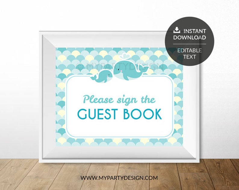 Guest book Sign, Whale Baby Shower Sign, Boy Turquoise, Whale Party INSTANT DOWNLOAD Printable PDF with Editable Text image 3