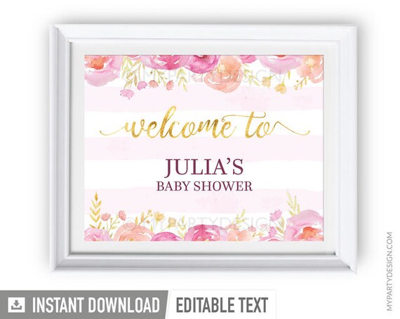 Welcome Sign - Floral Baby Shower - Girl Baby Shower - Floral Watercolor - INSTANT DOWNLOAD - Printable PDF with Editable Text (BB04) Il_570xn