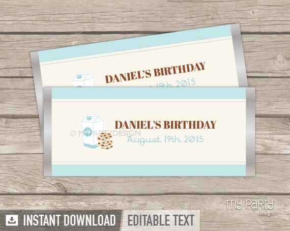 Cookies and Milk Party Chocolate Wrappers, Candy Labels, Blue and Brown - INSTANT DOWNLOAD - Printable PDF with Editable Text Il_570xn