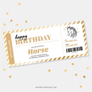 Modèle de chèque-cadeau cheval, carte-cadeau pour animal de compagnie d'anniversaire, chèque-cadeau surprise équitation - TÉLÉCHARGEMENT IMMÉDIAT - PDF modifiable imprimable