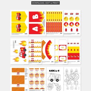 Puede incluir: Archivos PDF imprimibles para una fiesta de cumplea&ntilde;os con tem&aacute;tica de cami&oacute;n de bomberos. El conjunto incluye una pancarta, adornos para cupcakes, etiquetas de regalo, tarjetas de agradecimiento y una hoja de actividad de laberinto. Los colores son rojo, amarillo y negro.