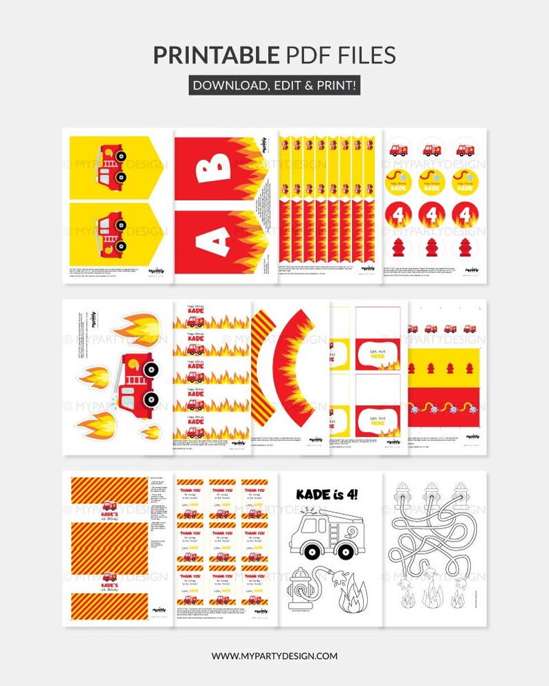 Puede incluir: Archivos PDF imprimibles para una fiesta de cumplea&ntilde;os con tem&aacute;tica de cami&oacute;n de bomberos. El conjunto incluye una pancarta, adornos para cupcakes, etiquetas de regalo, tarjetas de agradecimiento y una hoja de actividad de laberinto. Los colores son rojo, amarillo y negro.