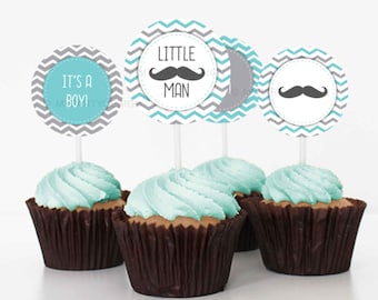 Little Man Baby Shower Cupcake Toppers, Mustache BabyShower Party Decorations - INSTANT DOWNLOAD - Printable PDF with Editable Text