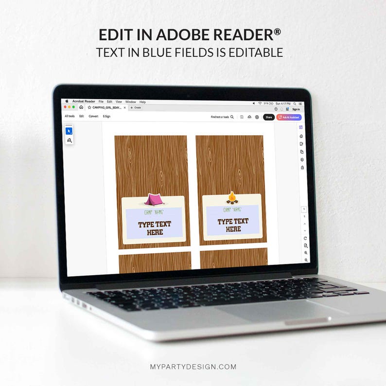 May include: A laptop displays a digital invitation template with a camping theme. The design features a wooden background with illustrations of a tent and campfire. The text "EDIT IN ADOBE READER&reg; TEXT IN BLUE FIELDS IS EDITABLE" is visible.