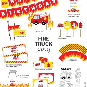 Puede incluir: Decoraciones de fiesta imprimibles para una fiesta de cumplea&ntilde;os con tem&aacute;tica de cami&oacute;n de bomberos. El conjunto incluye una pancarta, adornos para cupcakes, etiquetas para carpas, etiquetas para botellas, envoltorios de chocolate, envoltorios de caramelos peque&ntilde;os, una p&aacute;gina para colorear y banderas de paja. Las decoraciones son rojas, amarillas y negras con un dise&ntilde;o de cami&oacute;n de bomberos.