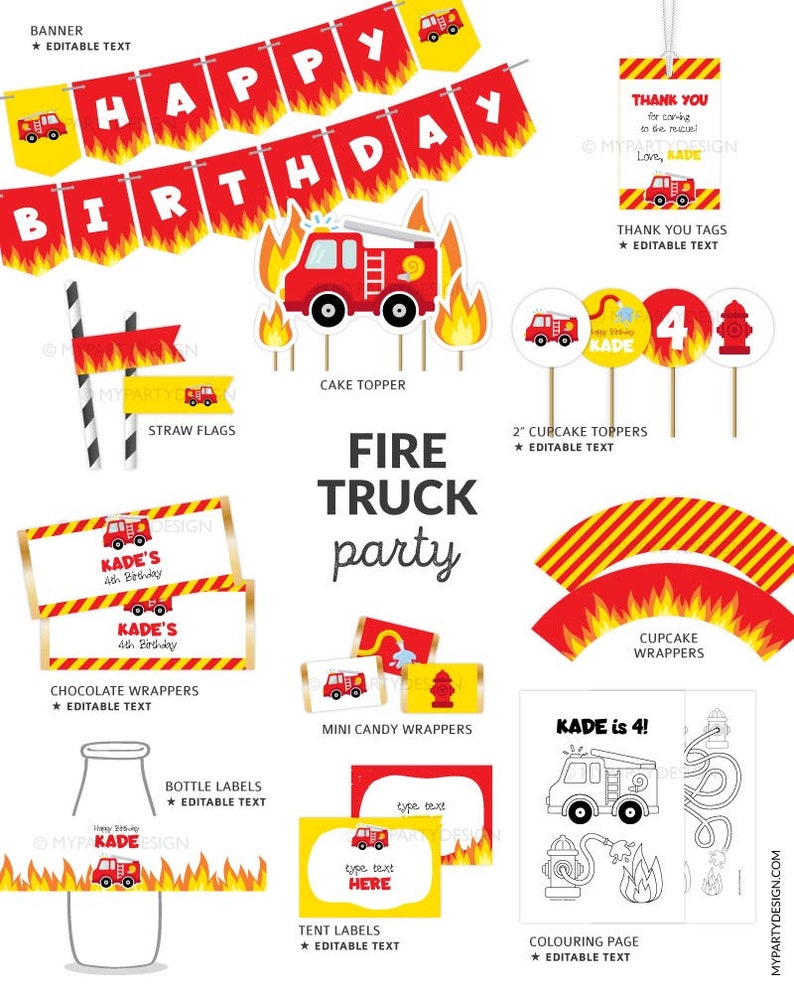 Puede incluir: Decoraciones de fiesta imprimibles para una fiesta de cumplea&ntilde;os con tem&aacute;tica de cami&oacute;n de bomberos. El conjunto incluye una pancarta, adornos para cupcakes, etiquetas para carpas, etiquetas para botellas, envoltorios de chocolate, envoltorios de caramelos peque&ntilde;os, una p&aacute;gina para colorear y banderas de paja. Las decoraciones son rojas, amarillas y negras con un dise&ntilde;o de cami&oacute;n de bomberos.