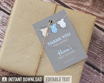 Baby Shower Favor Tags, Thank you Tags, Boy Baby Shower, Blue bodysuit theme - INSTANT DOWNLOAD - Printable PDF with Editable Text