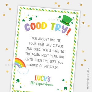 Carta de trampa de duende para el día de San Patricio, Nota de bendición irlandesa editable de St Pattys para niños - DESCARGA INSTANTE - PDF editable imprimible