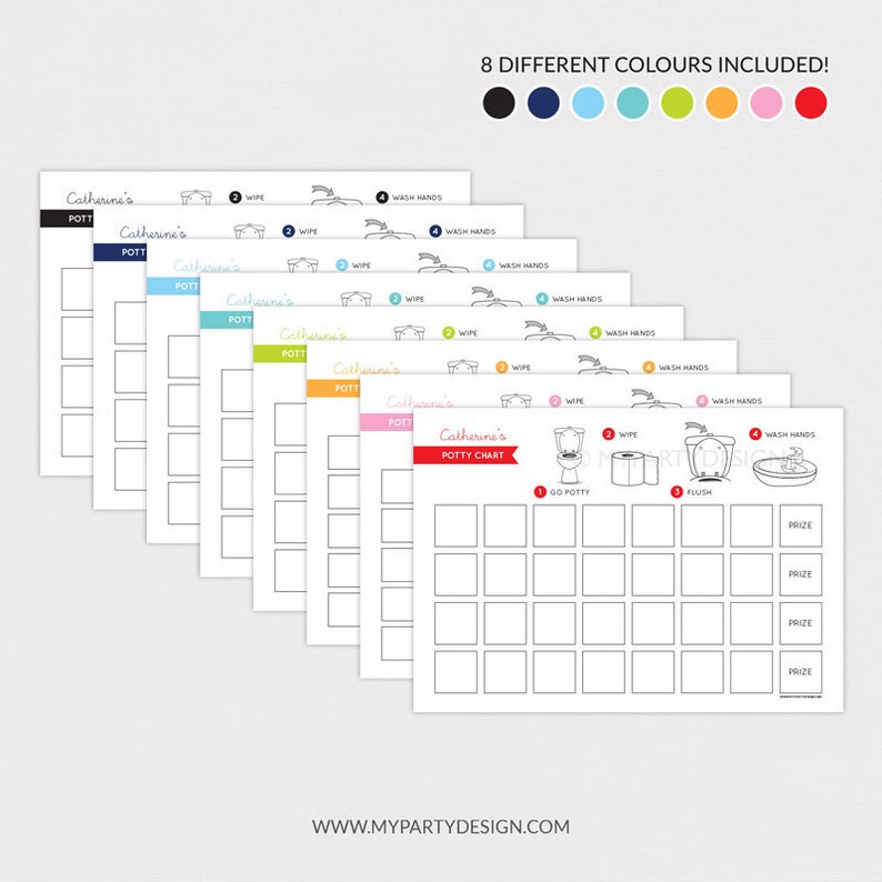 May include: A stack of personalized potty training charts in various colors, including black, blue, and pink. Each chart features a name, a potty training checklist, and the text "8 DIFFERENT COLOURS INCLUDED!" and "GO POTTY".