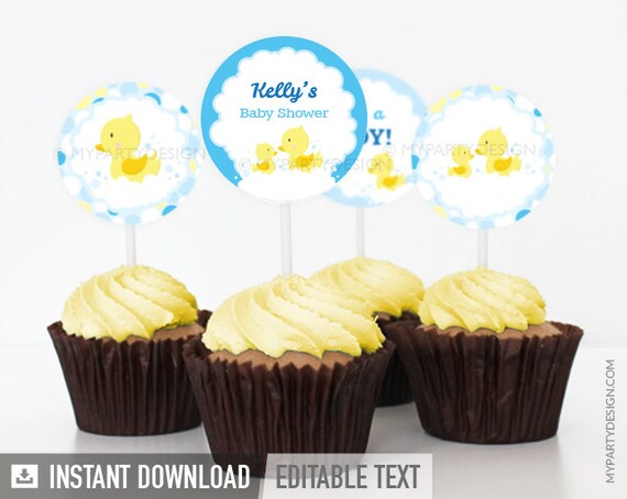 Rubber Duck Cupcake Toppers - Rubber Ducky Baby Shower - Yellow Blue - Gender Neutral - INSTANT DOWNLOAD - Printable PDF with Editable Text Il_570xn