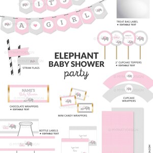 Elephant Baby Shower Decorations, Elephant Party Pack, Pink Girl BabyShower Decorations Kit - INSTANT DOWNLOAD - Printable Editable PDF image 2