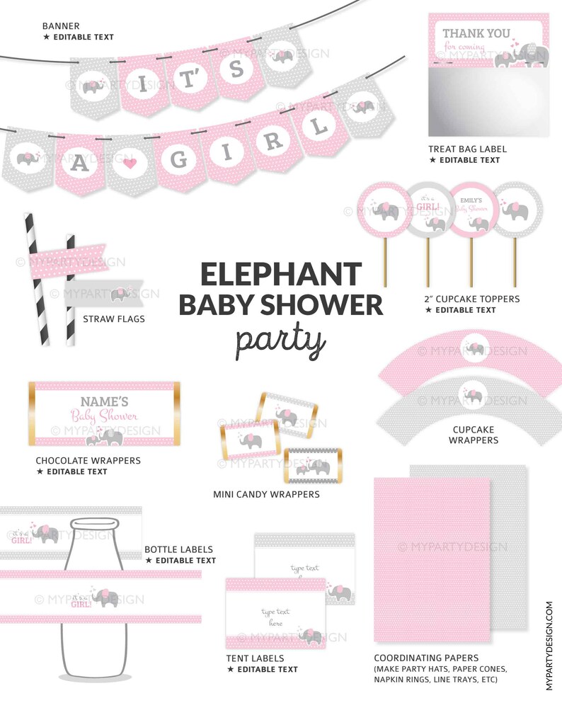 Elephant Baby Shower Decorations, Elephant Party Pack, Pink Girl BabyShower Decorations Kit - INSTANT DOWNLOAD - Printable Editable PDF image 2
