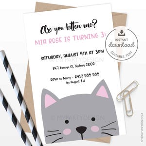 Cat Birthday Invitation, Kitty Cat Party Invite, Kitten Birthday Party - INSTANT DOWNLOAD - Printable PDF with Editable Text (catE)