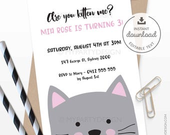 Cat Birthday Invitation, Kitty Cat Party Invite, Kitten Birthday Party - INSTANT DOWNLOAD - Printable PDF with Editable Text (catE)