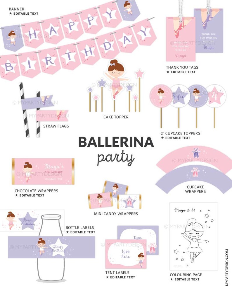 Ballerina Birthday Party Decorations, Ballerina Party Pack, Ballet Kit, Dance Decor - INSTANT DOWNLOAD - Printable Editable PDF image 3