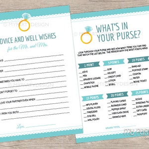 May include: A printable bridal shower game with a blue and white color scheme. The game is called "What's in Your Purse?" and asks players to find items in their purse that match the list. The list includes items like keys, gum, receipts, credit cards, lotion, and more. The game is scored based on the number of points each item is worth. The game also includes a section for "Advice and Well Wishes for the Mr. and Mrs."