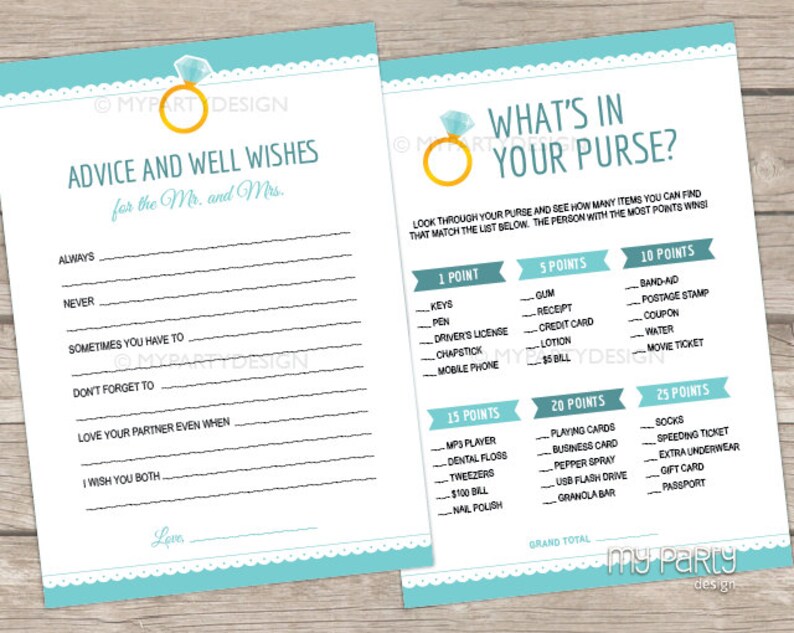 May include: A printable bridal shower game with a blue and white color scheme. The game is called "What's in Your Purse?" and asks players to find items in their purse that match the list. The list includes items like keys, gum, receipts, credit cards, lotion, and more. The game is scored based on the number of points each item is worth. The game also includes a section for "Advice and Well Wishes for the Mr. and Mrs."