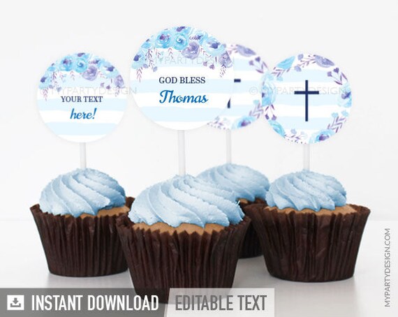 Baptism / Christening Cupcake Toppers - Circles - Blue Floral Watercolor - INSTANT DOWNLOAD - Printable PDF with Editable Text (BT02) Il_570xn
