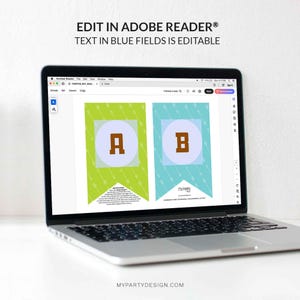 May include: A laptop displays a digital banner design with the text "EDIT IN ADOBE READER&reg; TEXT IN BLUE FIELDS IS EDITABLE". The banner features green and blue pennants with the letters "A" and "B" inside circles. The website MYPARTYDESIGN.COM is visible.