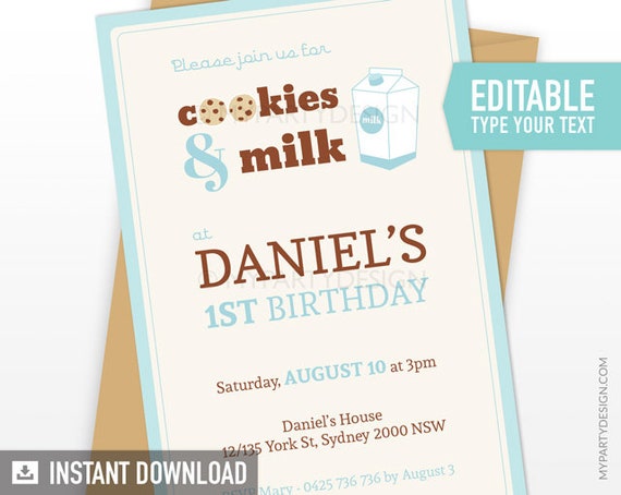 Cookies and Milk Party Invitation in Blue, Cookie Party Invite for Birthday or Baby Shower- INSTANT DOWNLOAD - Printable Editable PDF Il_570xn