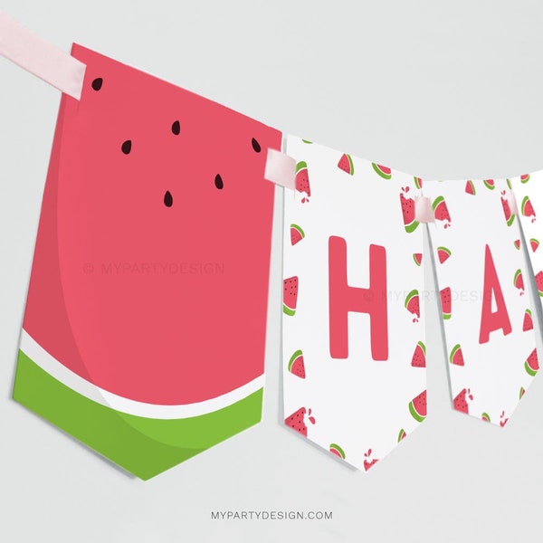 Watermelon Birthday Banner, One in a Melon First Birthday Party Bunting, Summer Fruit Decoration - INSTANT DOWNLOAD - Printable Editable PDF