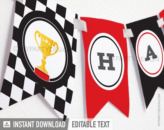 Race Car Birthday Banner, Car Party Decorations, Racing Happy Birthday Bunting - INSTANT DOWNLOAD - Printable PDF with Editable Text Il_570xn
