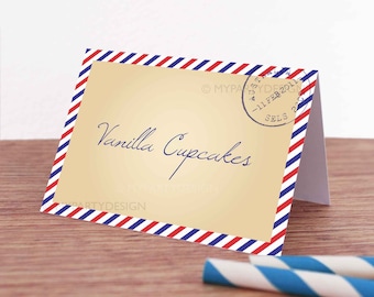 Travel Party Place Cards, Farewell Party Food Labels, Vintage Birthday Party - INSTANT DOWNLOAD - Printable PDF with Editable Text
