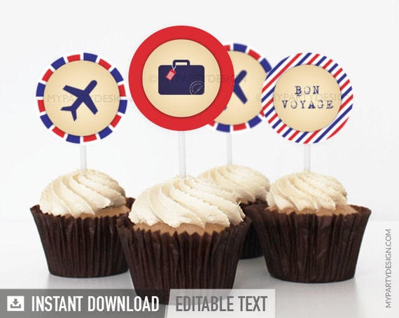 Travel Party / Farewell Party - Cupcake Toppers - Party Circles - INSTANT DOWNLOAD - Printable PDF with Editable Text Il_570xn
