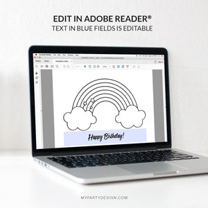 May include: A black and white printable coloring page featuring a rainbow with clouds and stars. The text "Happy Birthday!" is included in a blue field.