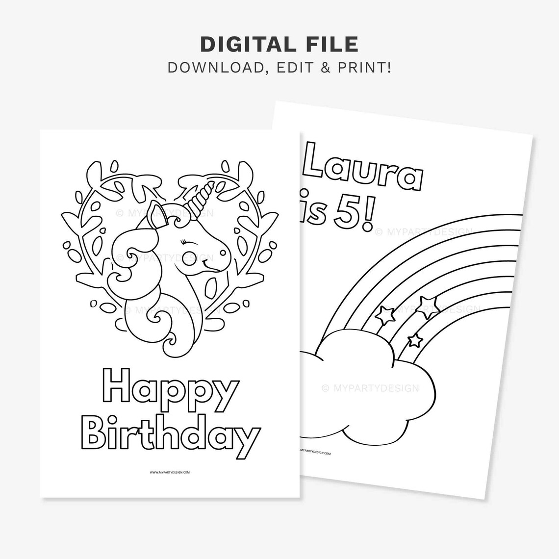Unicorn Coloring Page, Rainbow Party Activity for Girls, Kids Birthday ...