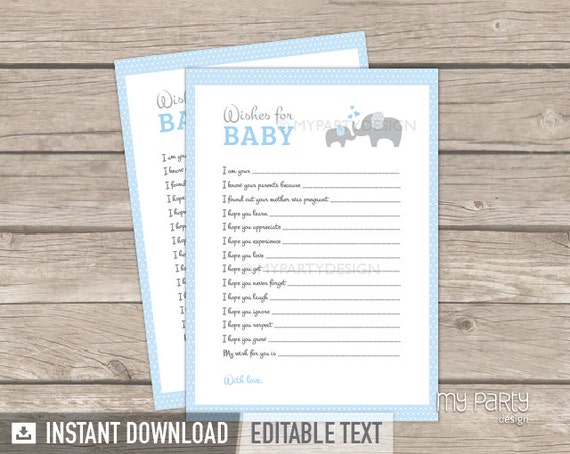 Wishes for Baby Card, Elephant Baby Shower Game, Boy Blue - INSTANT DOWNLOAD - Printable PDF with Editable Text Il_570xn