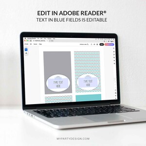 Puede incluir: Un port&aacute;til muestra una plantilla de dise&ntilde;o con campos de texto editables. La pantalla muestra un dise&ntilde;o con patrones de chevron grises y turquesas, y el texto "EDIT IN ADOBE READER&reg; TEXT IN BLUE FIELDS IS EDITABLE". La direcci&oacute;n del sitio web es visible.
