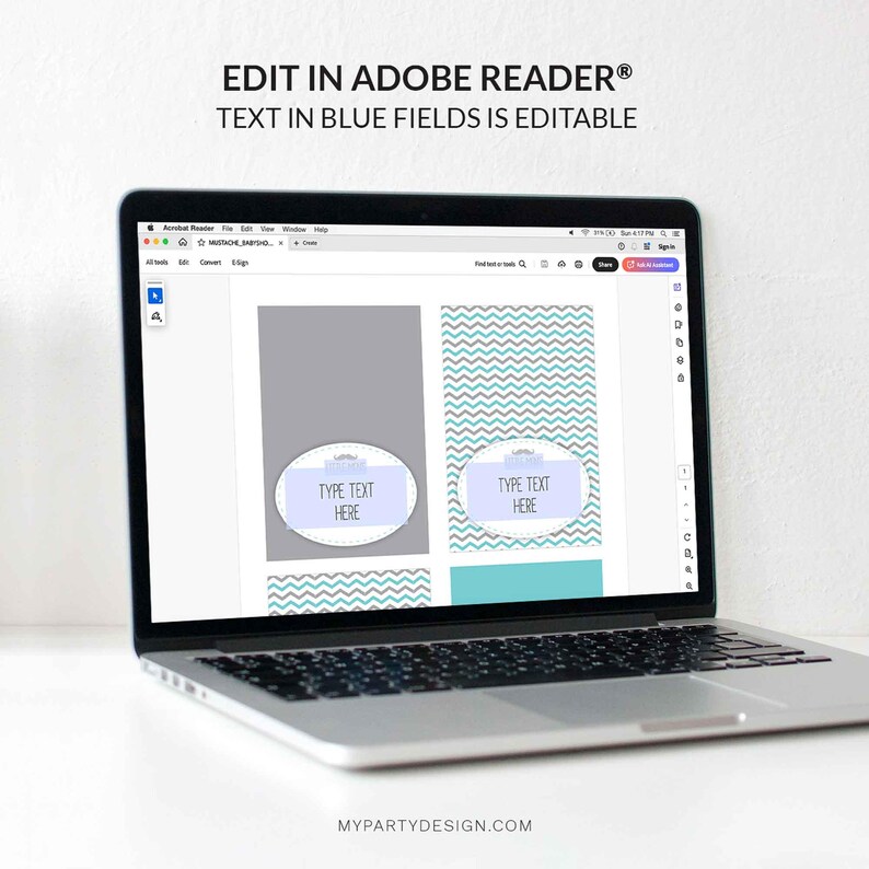 Puede incluir: Un port&aacute;til muestra una plantilla de dise&ntilde;o con campos de texto editables. La pantalla muestra un dise&ntilde;o con patrones de chevron grises y turquesas, y el texto "EDIT IN ADOBE READER&reg; TEXT IN BLUE FIELDS IS EDITABLE". La direcci&oacute;n del sitio web es visible.