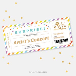 Plantilla de vale de regalo para concierto sorpresa, boleto de artista musical, cupón de tarjeta para espectáculo en vivo en el escenario - DESCARGA INMEDIATA - PDF editable e imprimible