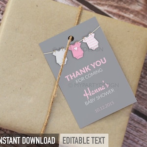 Baby Shower Favor Tags, Pink bodysuit theme, Thank you Favors, Girl BabyShower - INSTANT DOWNLOAD - Printable PDF with Editable Text