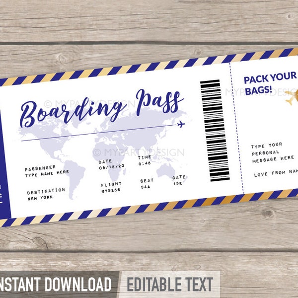 Printable Travel Voucher, Boarding Pass Template, Fake Plane Ticket Gift, Surprise Travel Flight Voucher - INSTANT DOWNLOAD - Editable PDF