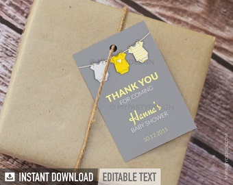 Baby Shower Favor Tag.- Thank you Labels, Neutral Yellow BabyShower, bodysuit theme - INSTANT DOWNLOAD - Printable PDF with Editable Text