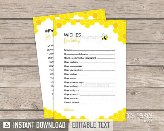 Wishes for Baby Card - Bee Baby Shower - Gender Neutral - Yellow - Baby Shower Game - INSTANT DOWNLOAD - Printable PDF with Editable Text Il_570xn