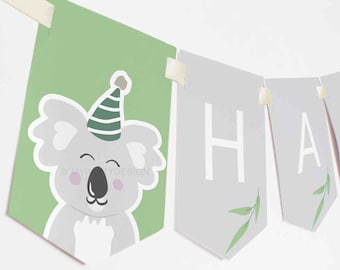 Koala Birthday Banner, Party Bunting, Australian Animal Printable Birthday Decorations - INSTANT DOWNLOAD - Printable Editable PDF