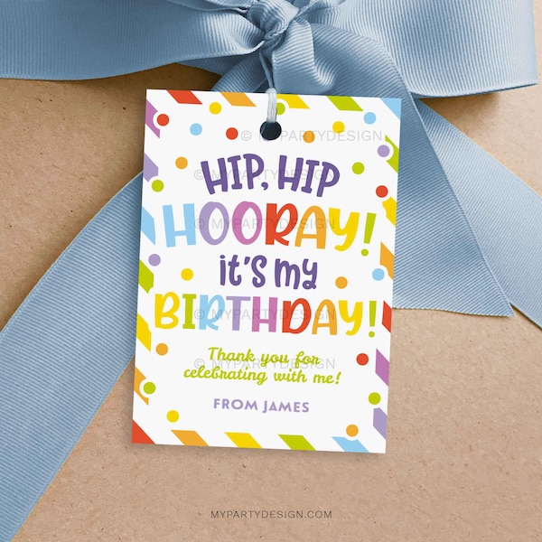 Hip Hip Hooray Birthday Treat Tag, Kids Classroom Gift Label for School Class Party, Gift Tag - INSTANT DOWNLOAD - Printable Editable PDF