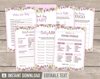 Baby Shower Games Pack, Floral Baby Shower, Girl BabyShower Party, Pink - INSTANT DOWNLOAD - Printable PDF with Editable Text