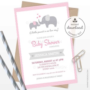 Elephant Baby Shower Invitation, Elephant Party Invite, Girl Baby Shower Invitation - INSTANT DOWNLOAD - Printable PDF with Editable Text
