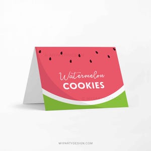 Etiquetas para carpas de fiesta con forma de sandía, etiquetas de comida para el primer cumpleaños con una sandía, tarjetas de lugar con frutas de verano - DESCARGA INMEDIATA - PDF editable e imprimible