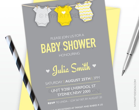 Baby Shower Invitation - Yellow bodysuit Neutral theme - PRINTABLE JPEG or PDF file Il_570xn