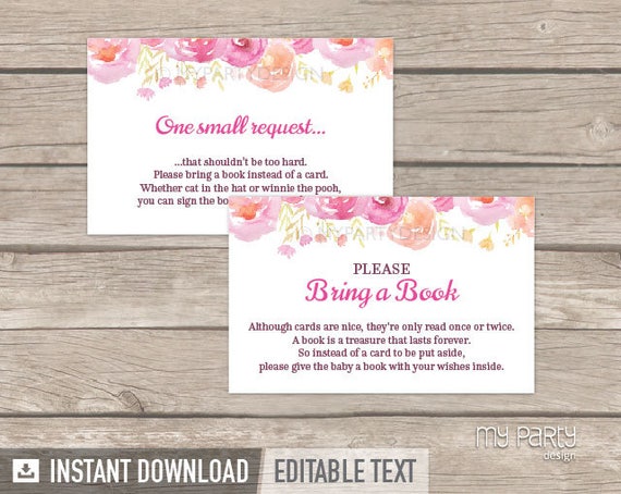 Floral Baby Shower Bring a Book Card, Book Insert, Floral Watercolor - INSTANT DOWNLOAD - Printable PDF with Editable Text (BB04) Il_570xn