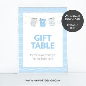 Blue Baby Shower, bodysuit theme, Editable Gift Table Sign, Boy BabyShower INSTANT DOWNLOAD Printable PDF with Editable Text image 2