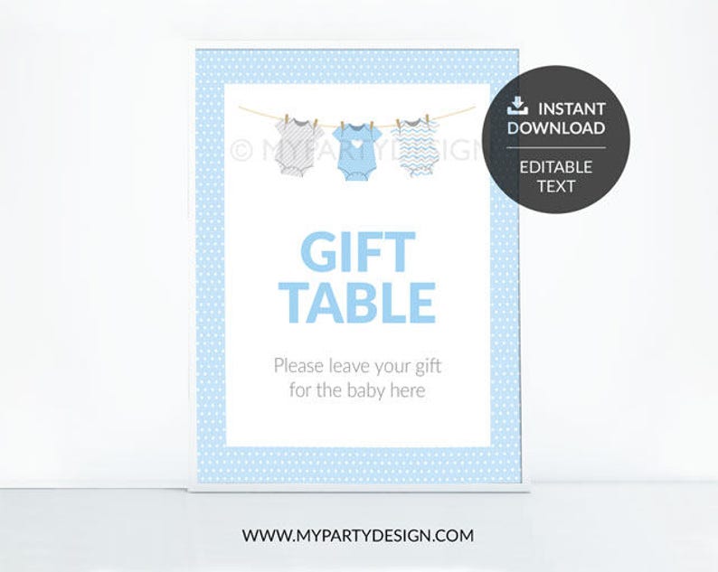 Blue Baby Shower, bodysuit theme, Editable Gift Table Sign, Boy BabyShower INSTANT DOWNLOAD Printable PDF with Editable Text image 2