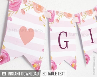 Floral Baby Shower Banner, It's a Girl Bunting, Floral Watercolor BabyShower - INSTANT DOWNLOAD - Printable PDF with Editable Text (BB04)