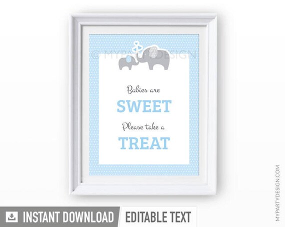 Elephant Baby Shower Sign - Editable Sign - Take a Treat Sign - Boy Blue - INSTANT DOWNLOAD - Printable PDF with Editable Text Il_570xn